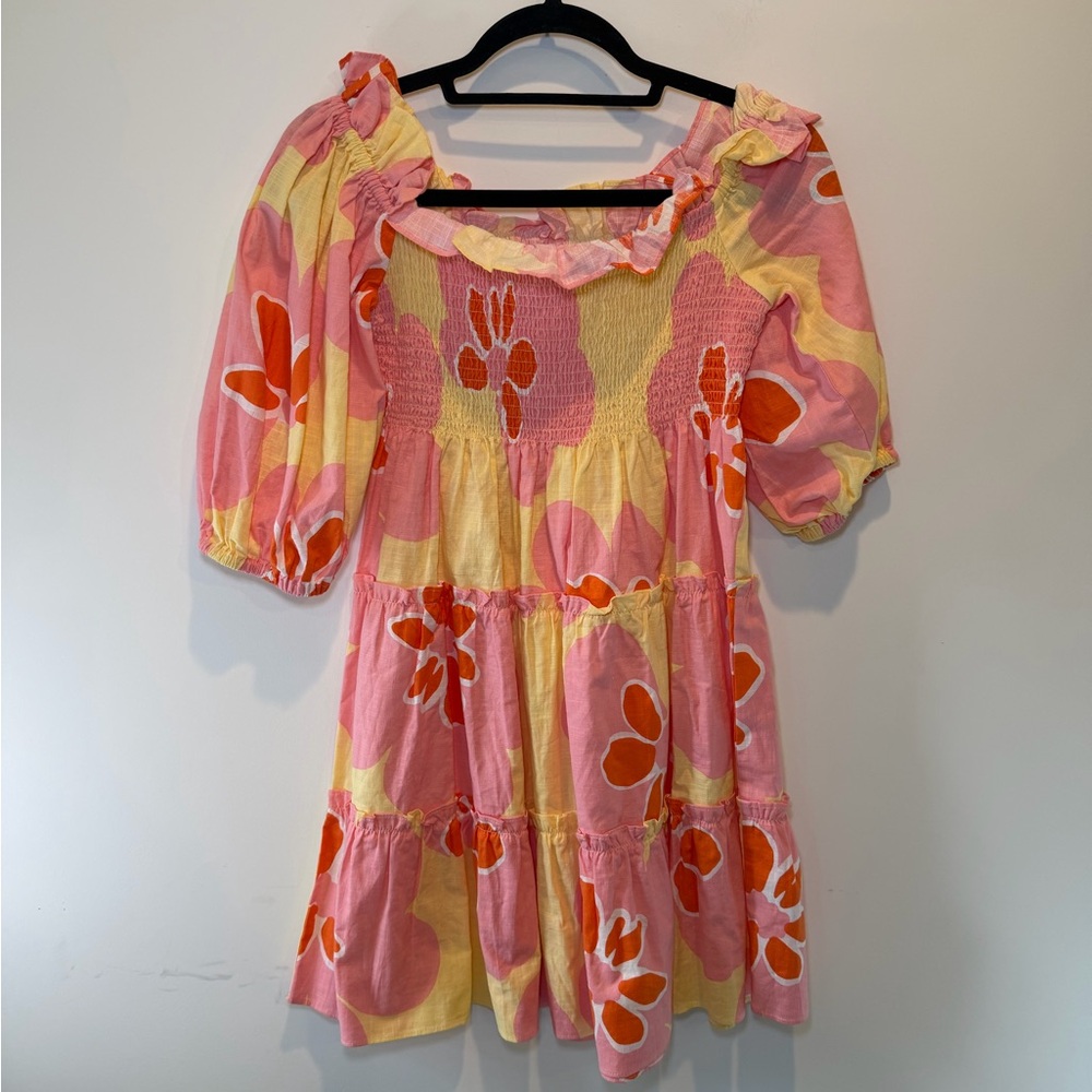 Sabo Skirt Pink Yellow Floral Puff-Sleeve Mini Dress